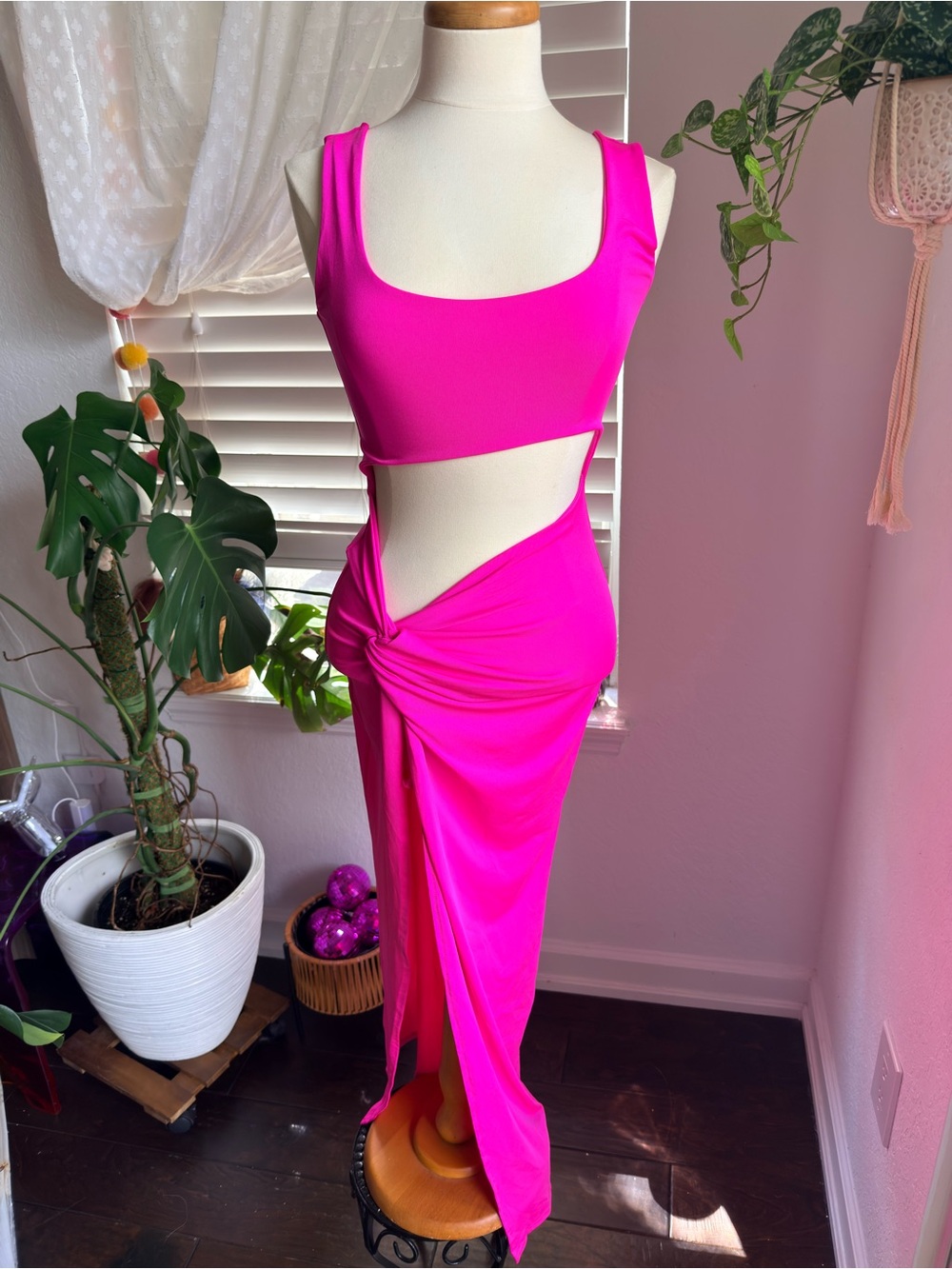 Hot Pink Cutout Knot Maxi Dress